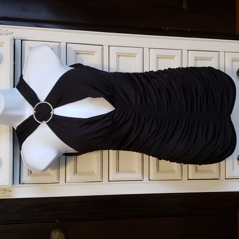 Sexy black party dress with open bust and crystal broach, ruched bottom